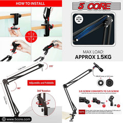 5Core Microphone Boom Arm Desk Mic Stand Adjustable Clamp Suspension Boom Stands BLACK