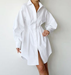 Chic White V-Neck Shirt Dress with Tie Waist